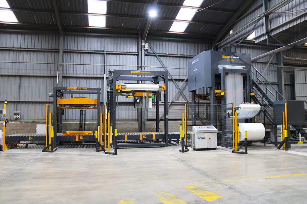 Packaging line with Horizontal Strapping System, Stretch Wrapping and Stretch Hooder